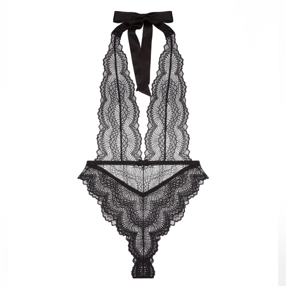 Journelle Natalia Black Lace Halter Teddy Bodysuit with Scalloped Trim